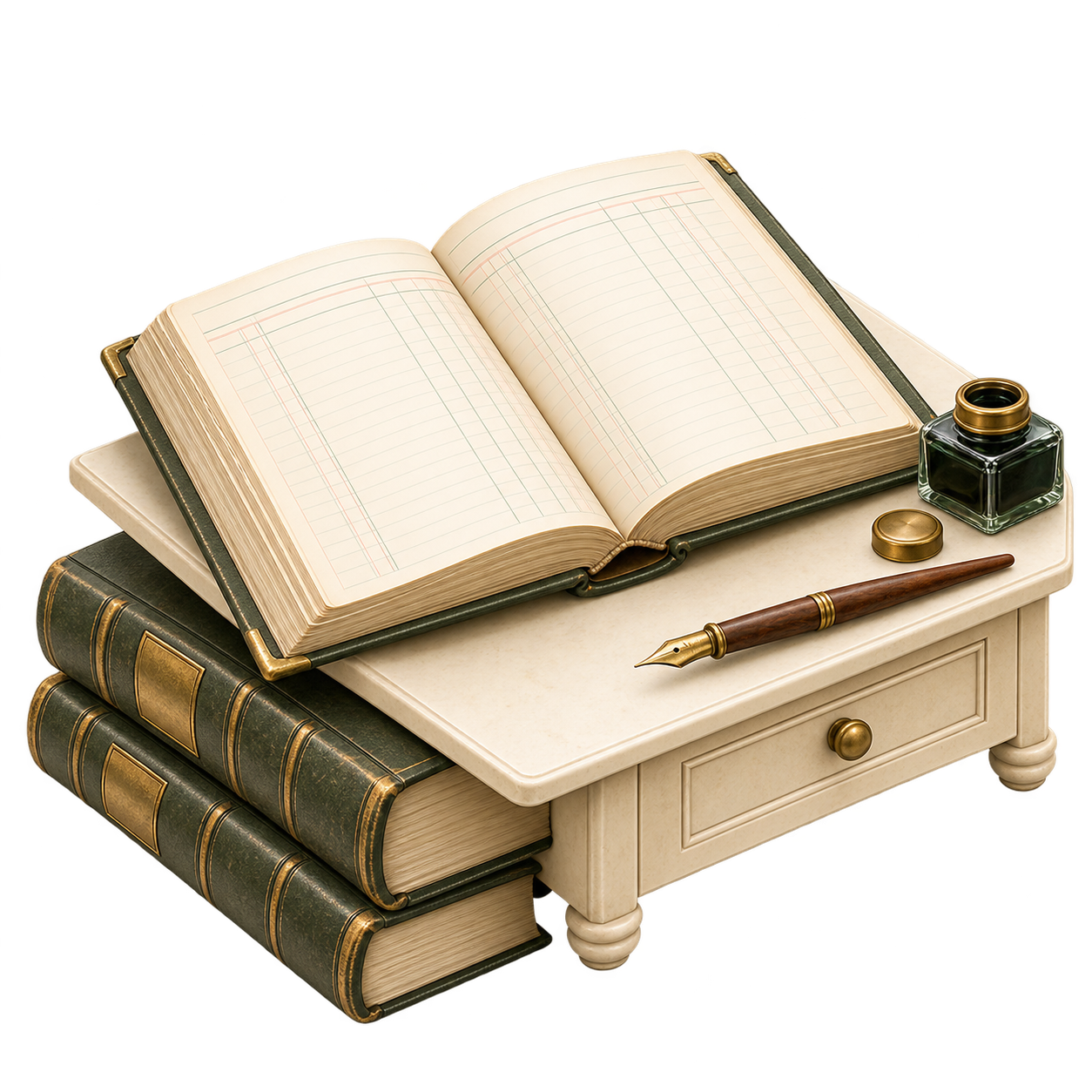 Open antique accounting ledger with pen and stacked books