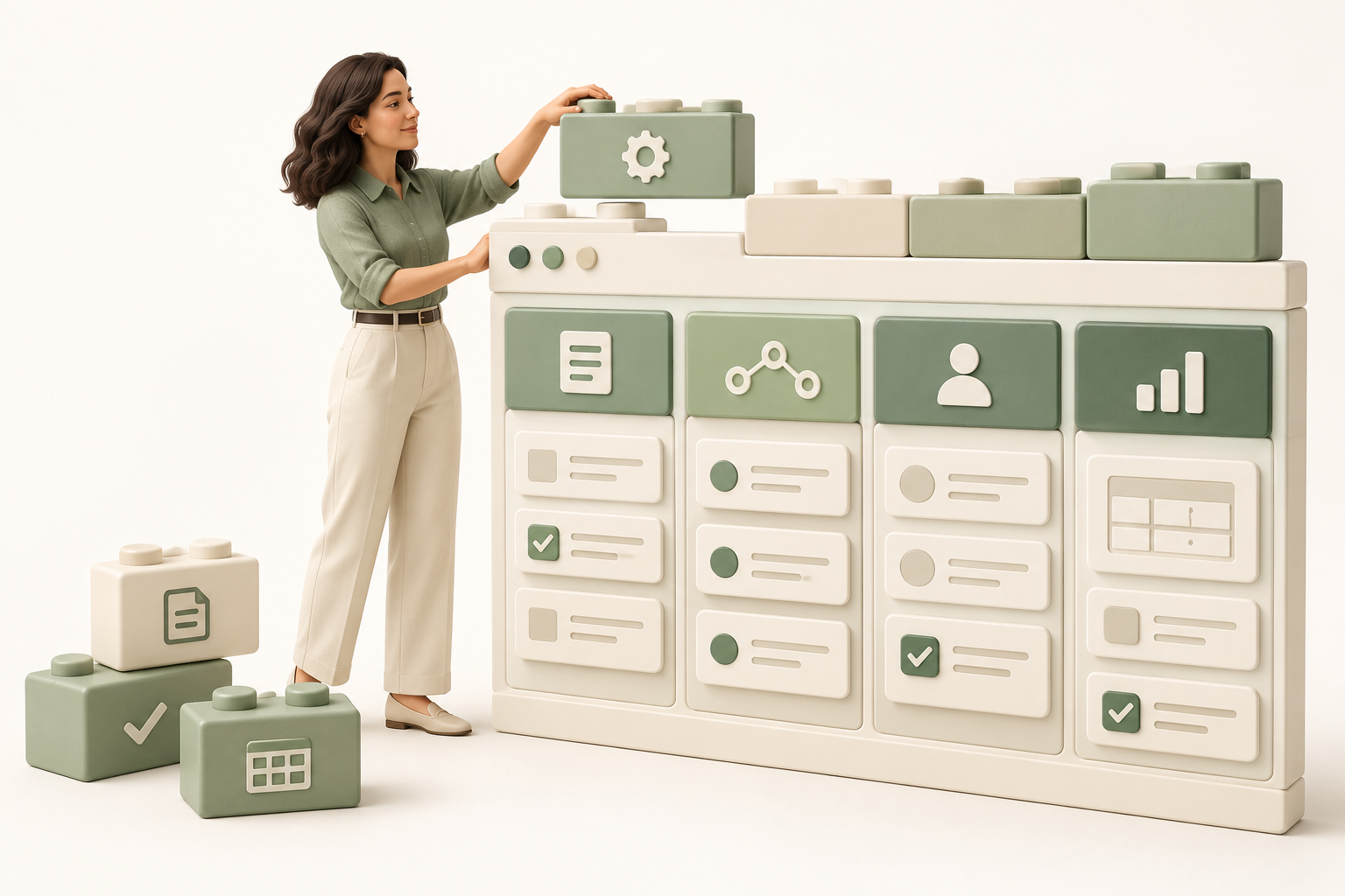 A process expert assembling software from cream and sage building blocks