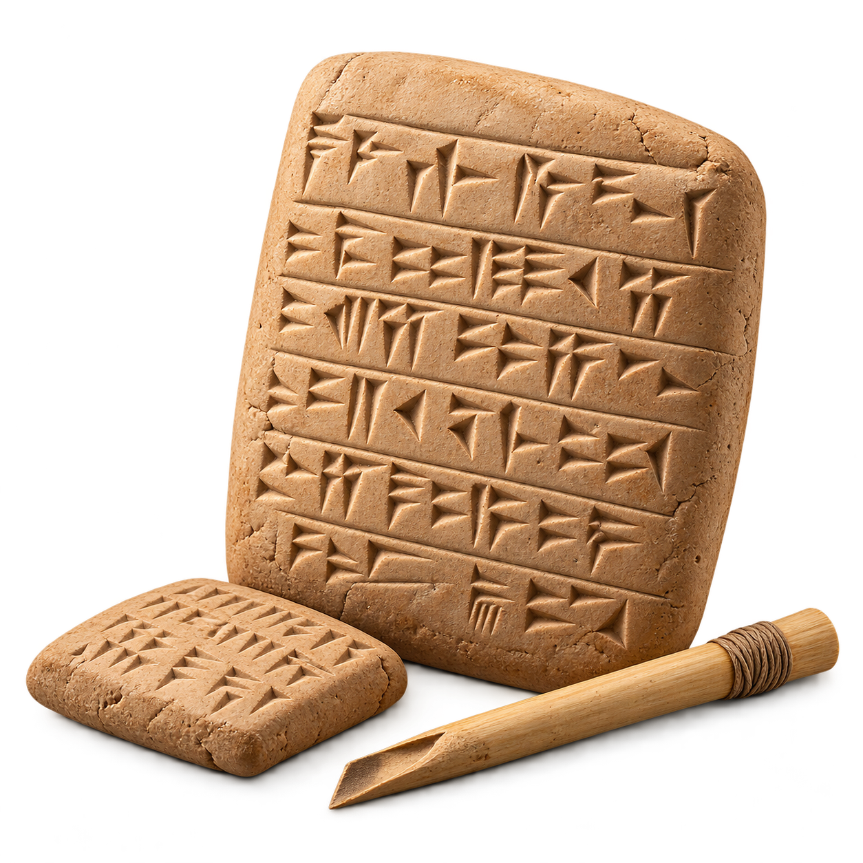 Ancient clay accounting tablets with a reed stylus