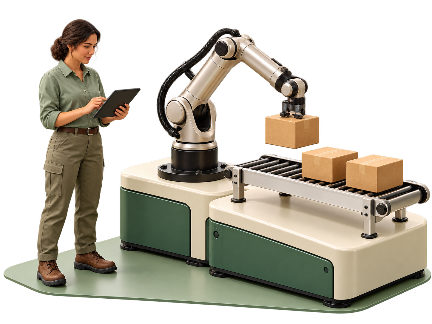 A human operator overseeing a robot arm handling delivery boxes