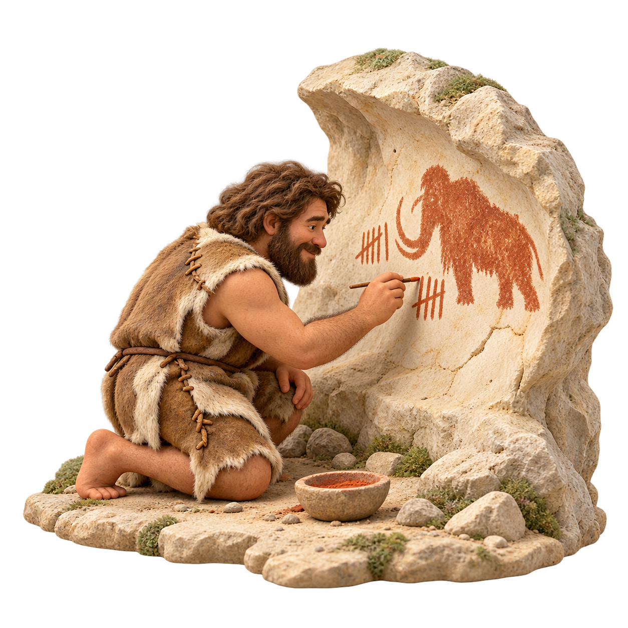 A cave dweller painting a mammoth and tally marks on a cave wall