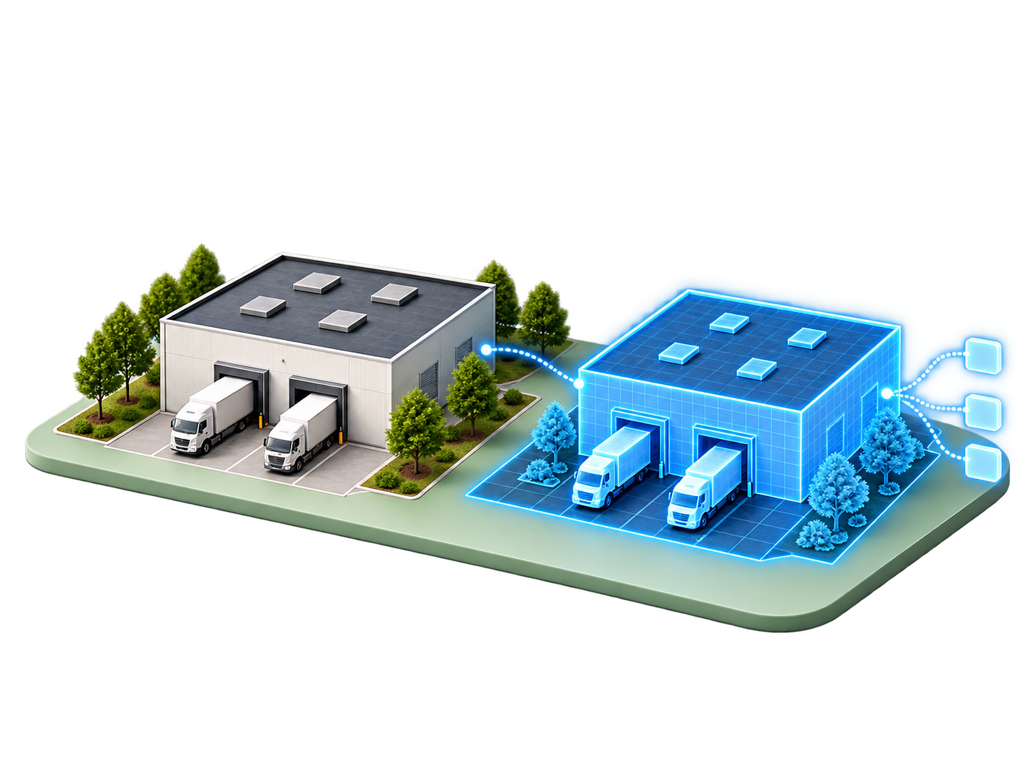 A physical facility beside its blue digital twin for business simulations